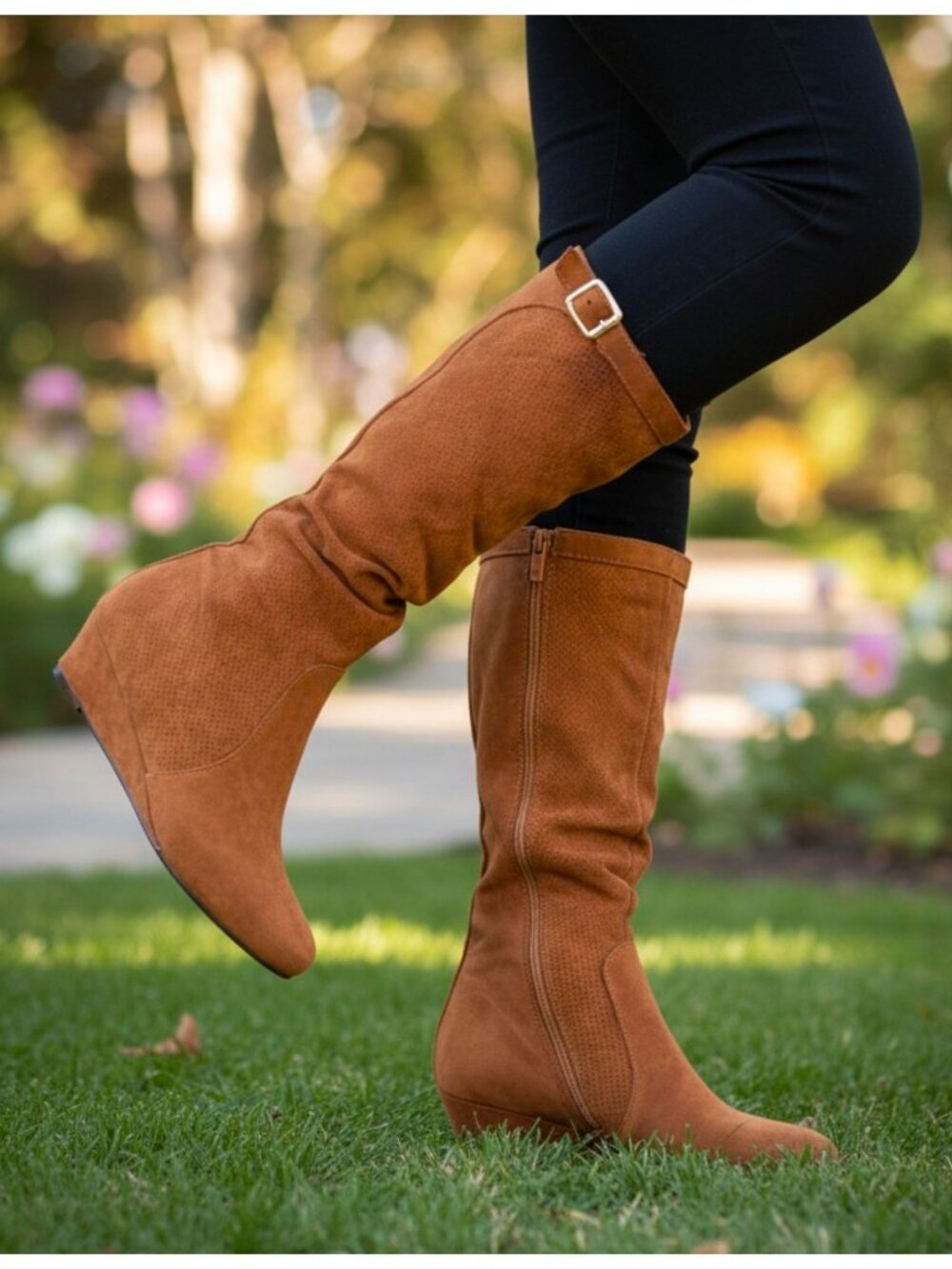 Tan Knee-High Faux Suede Wedge Boots With Side Zipper & Buckle Accent For Women